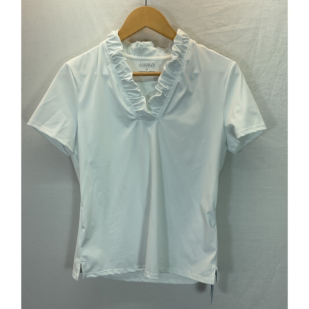 New ACEGOLFS More Than Basic Ruffle V-Neck Polo Top UPF50+ White M Performance